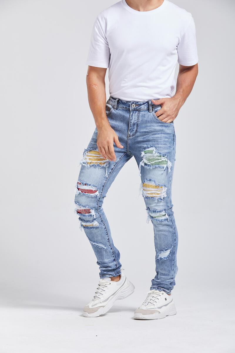 MULT COLOR RHIME STONE RIPS AND TEAR SLIM SKINNY JEAN