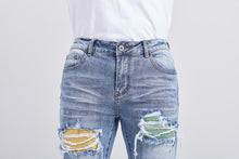 Load image into Gallery viewer, MULT COLOR RHIME STONE RIPS AND TEAR SLIM SKINNY JEAN