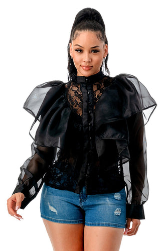 Long Sleeve Ruffle Front Button Mash Blouse Top