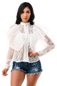 Long Sleeve Ruffle Front Button Mash Blouse Top