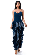 Load image into Gallery viewer, DENIM WIDE LEG RUFFLE JUMPSUIT